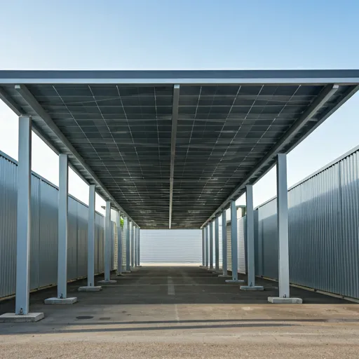 Cochera solar arquitectónica moderna con vehículos eléctricos protegidos bajo paneles de vidrio